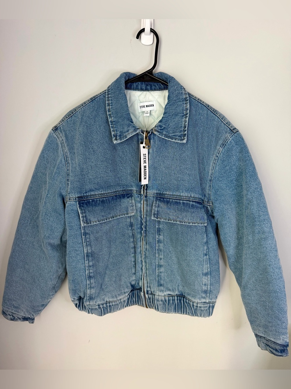 Steve Madden Light Blue Denim Quilted Bomber Jacket
